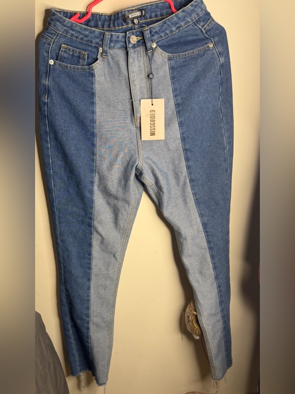 Missguided Two-Tone Denim Panel Jeans in Light and Dark Blue